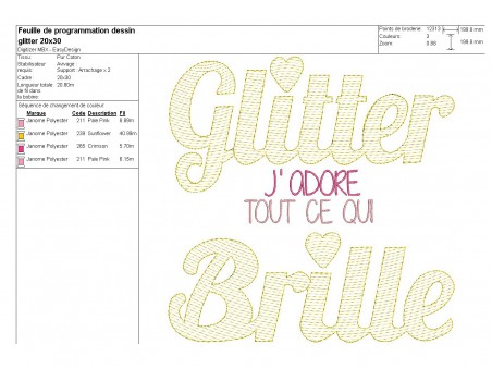 Motif de broderie machine Texte j'adore tout ce qui brille en mylar