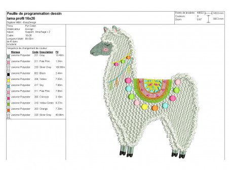 Motif de broderie machine  lama de profil