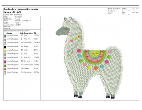 Motif de broderie machine  lama de profil