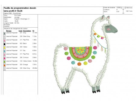 Motif de broderie machine  lama de profil appliqué