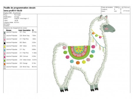 Motif de broderie machine  lama de profil appliqué