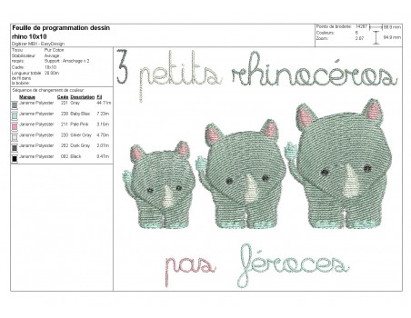 Motif de broderie machine rhinocéros