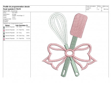 Motif de broderie machine  fouet et spatule  avec un noeud appliqué