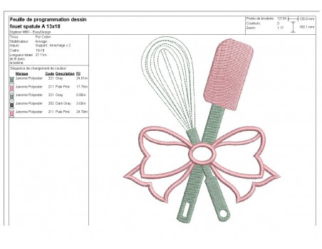 Motif de broderie machine  fouet et spatule  avec un noeud appliqué