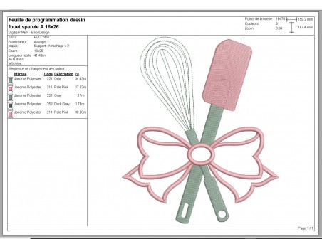 Motif de broderie machine  fouet et spatule  avec un noeud appliqué