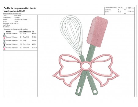 Motif de broderie machine  fouet et spatule  avec un noeud appliqué