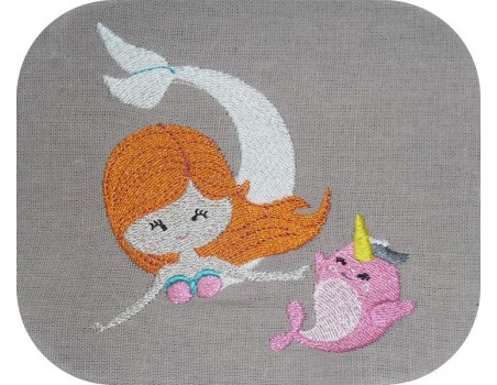 Motif de broderie machine  sirène et son poisson