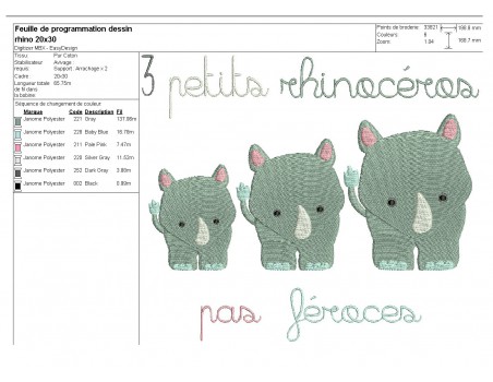 Motif de broderie machine rhinocéros