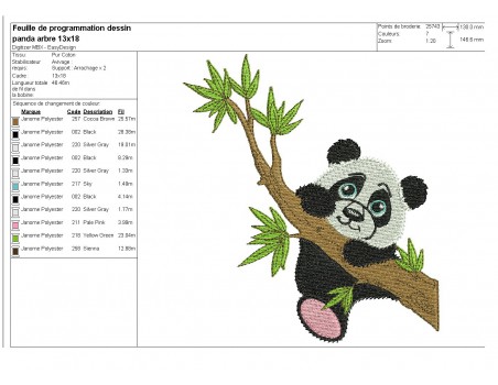 Motif de broderie machine panda sur une branche