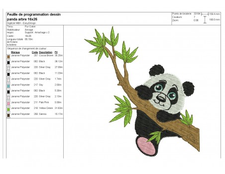 Motif de broderie machine panda sur une branche