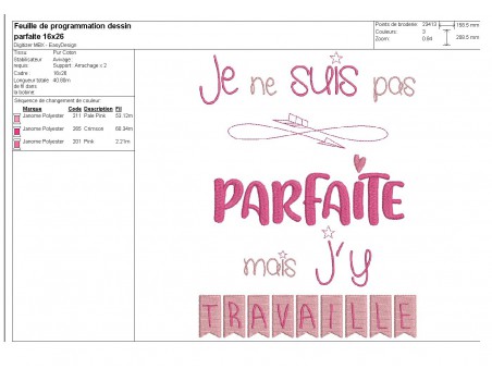 Motif de broderie machine texte  j'y travaille