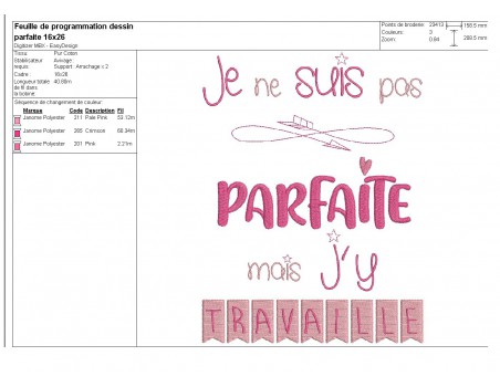 Motif de broderie machine texte  j'y travaille