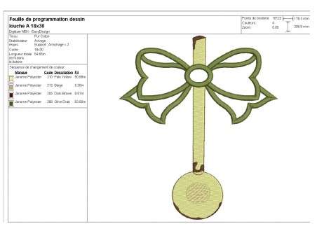 Motif de broderie machine  louche emaillée avec un noeud en appliqué