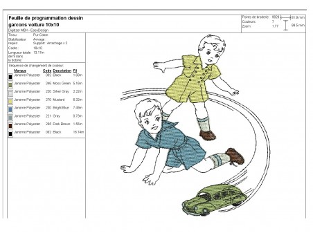 Motif de broderie machine garçons jouant avec une voiture