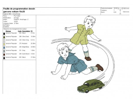 Motif de broderie machine garçons jouant avec une voiture