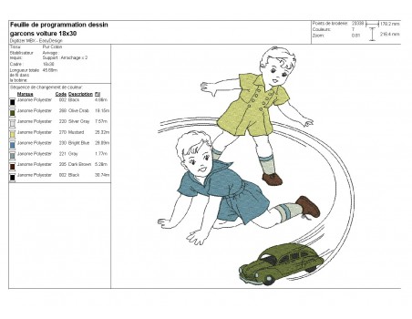 Motif de broderie machine garçons jouant avec une voiture