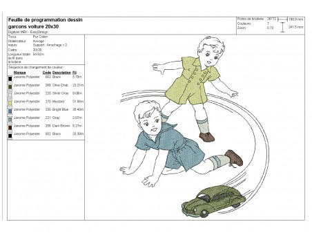 Motif de broderie machine garçons jouant avec une voiture