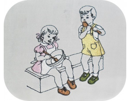 Motif de broderie machine vintage enfants faisant la cuisine