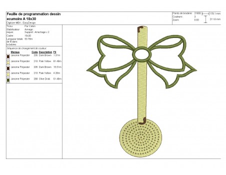 Motif de broderie machine écumoir  emaillé avec un noeud en appliqué