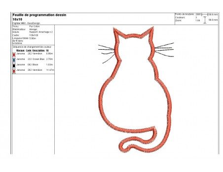 Motif de broderie machine chat de dos appliqué