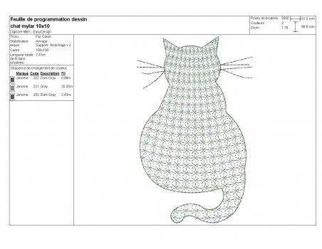 Motif de broderie machine chat de dos en mylar