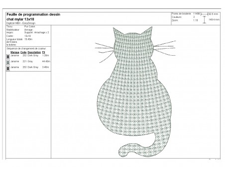 Motif de broderie machine chat de dos en mylar