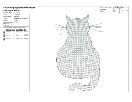 Motif de broderie machine chat de dos en mylar