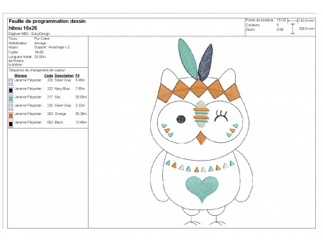 Motif de broderie machine  hibou indien