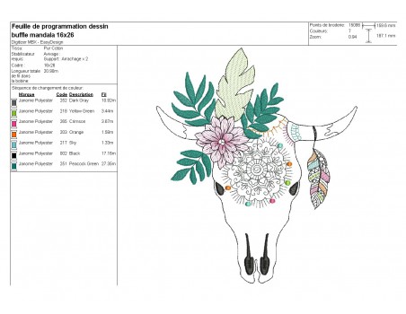 Motif de broderie machine  tête de buffle mandala en mylar