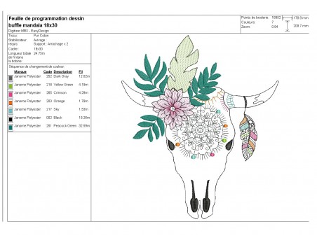 Motif de broderie machine  tête de buffle mandala en mylar