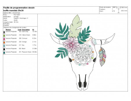 Motif de broderie machine  tête de buffle mandala en mylar