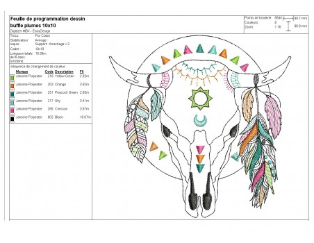 Motif de broderie machine  tête de buffle avec plumes