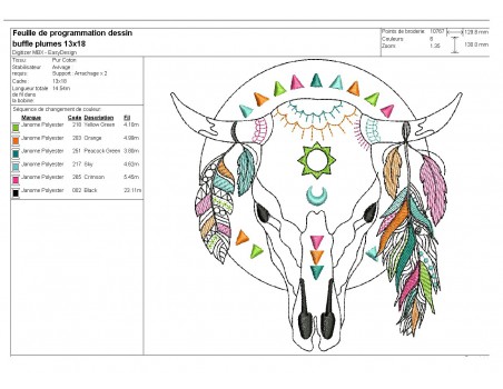 Motif de broderie machine  tête de buffle avec plumes