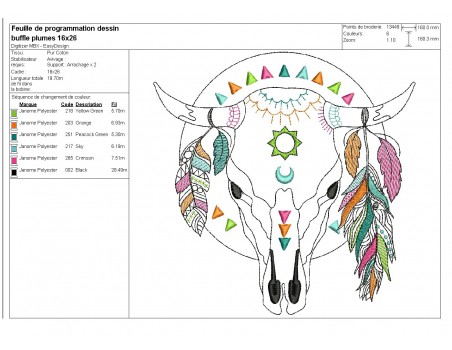 Motif de broderie machine  tête de buffle avec plumes