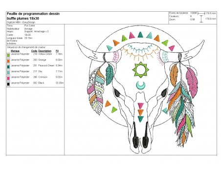 Motif de broderie machine  tête de buffle avec plumes