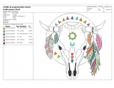 Motif de broderie machine  tête de buffle avec plumes