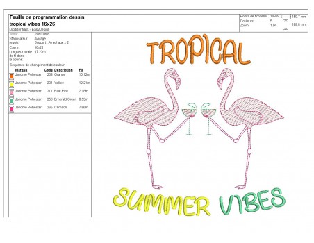 Motif de broderie machine flamants roses tropical vibes en mylar