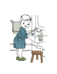 Instant download machine embroidery design vintage little girl washing her teeth