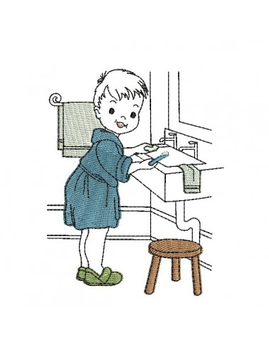 Instant download machine embroidery design vintage little girl washing her teeth