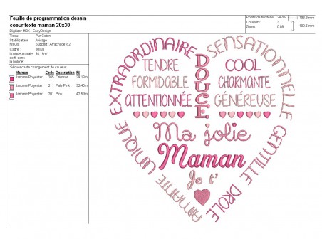 Motif de broderie   coeur texte jolie maman