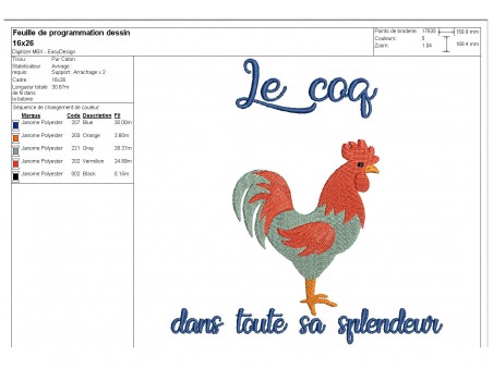 Motif de broderie machine le coq