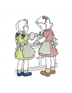 Motif de broderie machine vintage enfants faisant la vaiselle