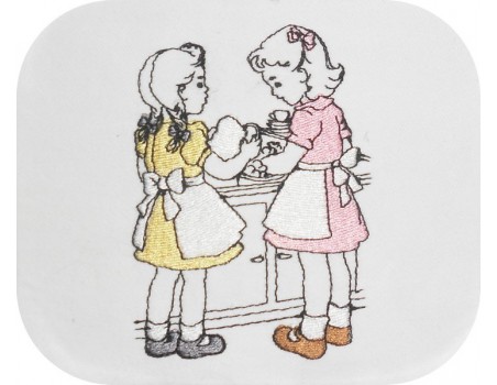 Motif de broderie machine vintage enfants faisant la vaiselle