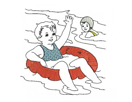 Motif de broderie machine vintage enfants à la mer