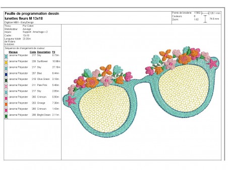 Motif de broderie machine lunettes fleurs en mylar