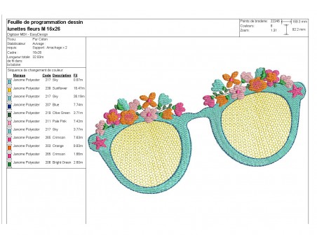 Motif de broderie machine lunettes fleurs en mylar