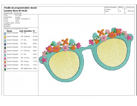 Motif de broderie machine lunettes fleurs en mylar