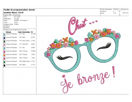 Motif de broderie machine lunettes fleurs chut je bronze