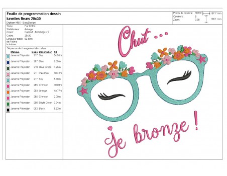 Motif de broderie machine lunettes fleurs chut je bronze