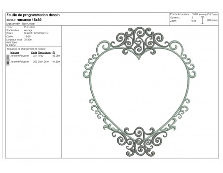 Motif de broderie machine coeur romance